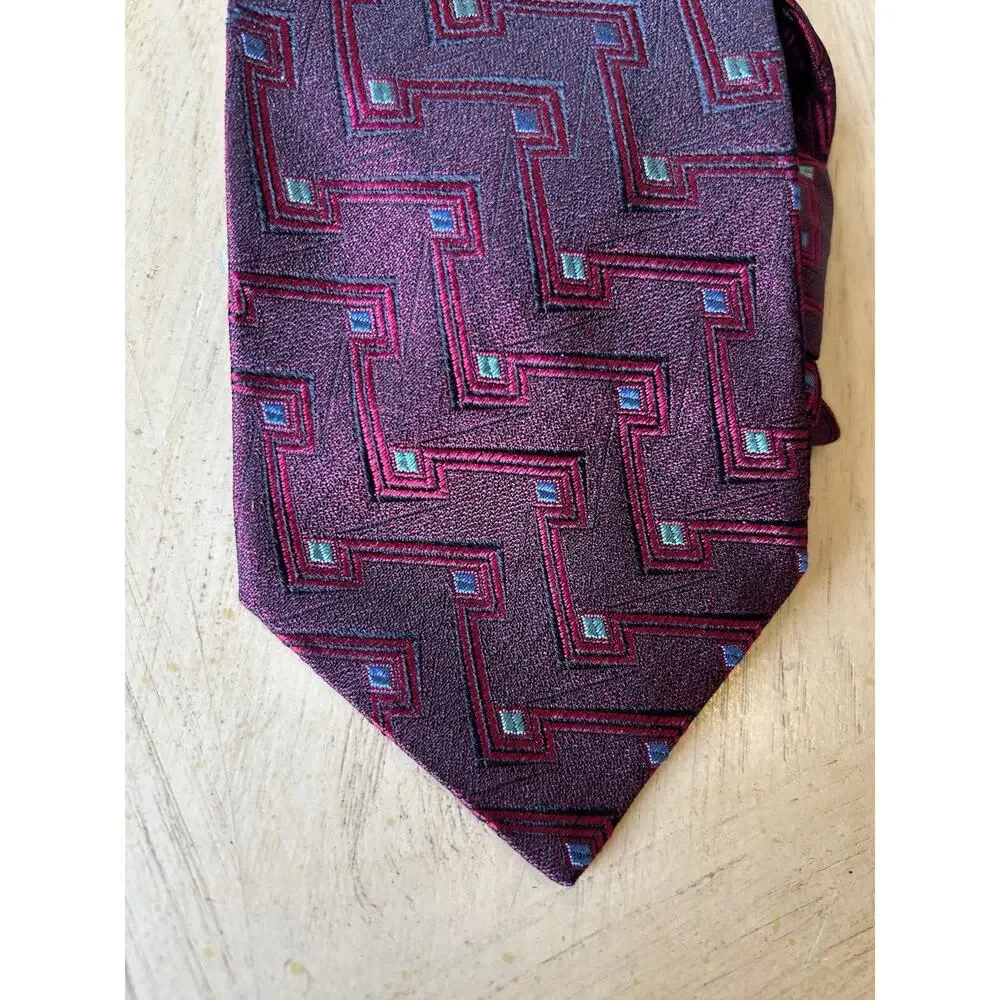 VTG LAZO Silk Necktie Italy Burgundy Metallic Geometric Retro Preppy Pattern 90s
